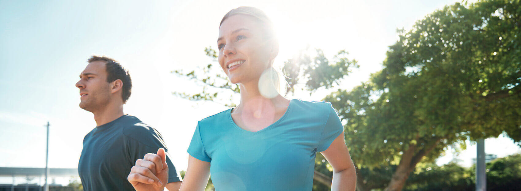 woman and man running