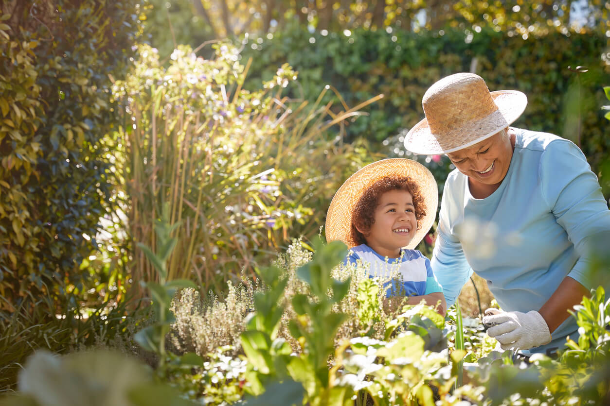 grandson and grandmother gardening