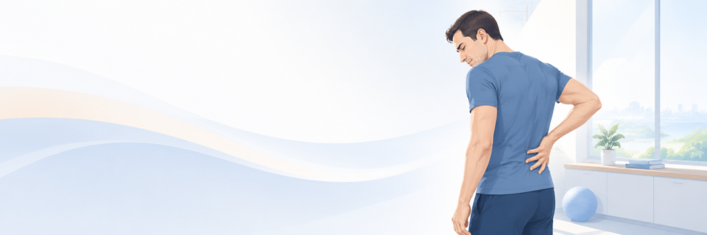 man with lower back pain standing by a window