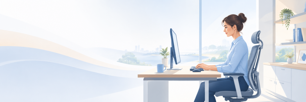 Woman working from home sitting at a desk in an ergonomic chair