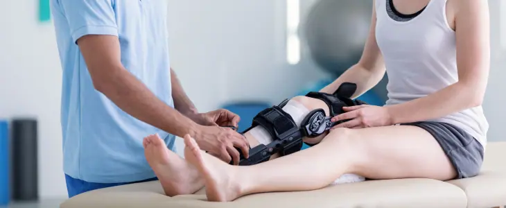 Patient with ACL brace and physical therapist